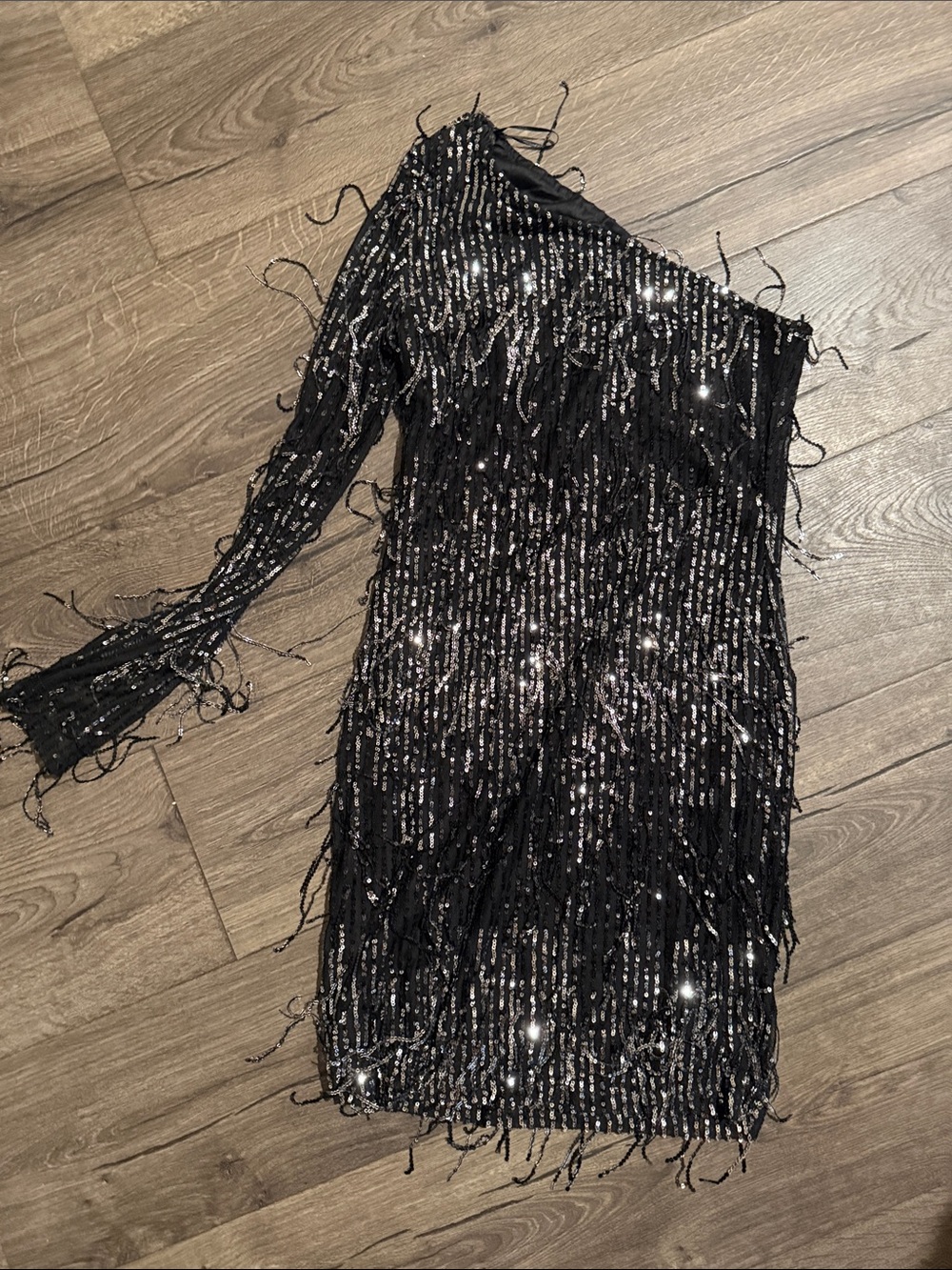 One-Shoulder Black Sequin Fringe Party Dress